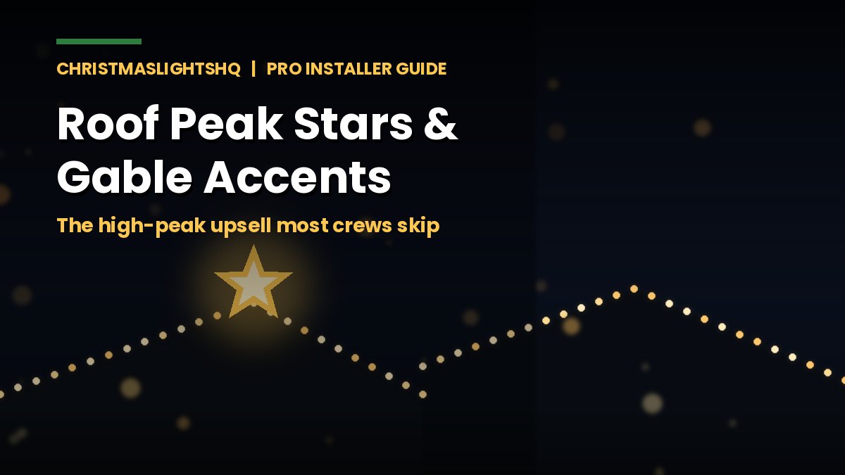 Roof peak Christmas light accents: a lit star glowing on an open gable with C9 bulbs along the roofline