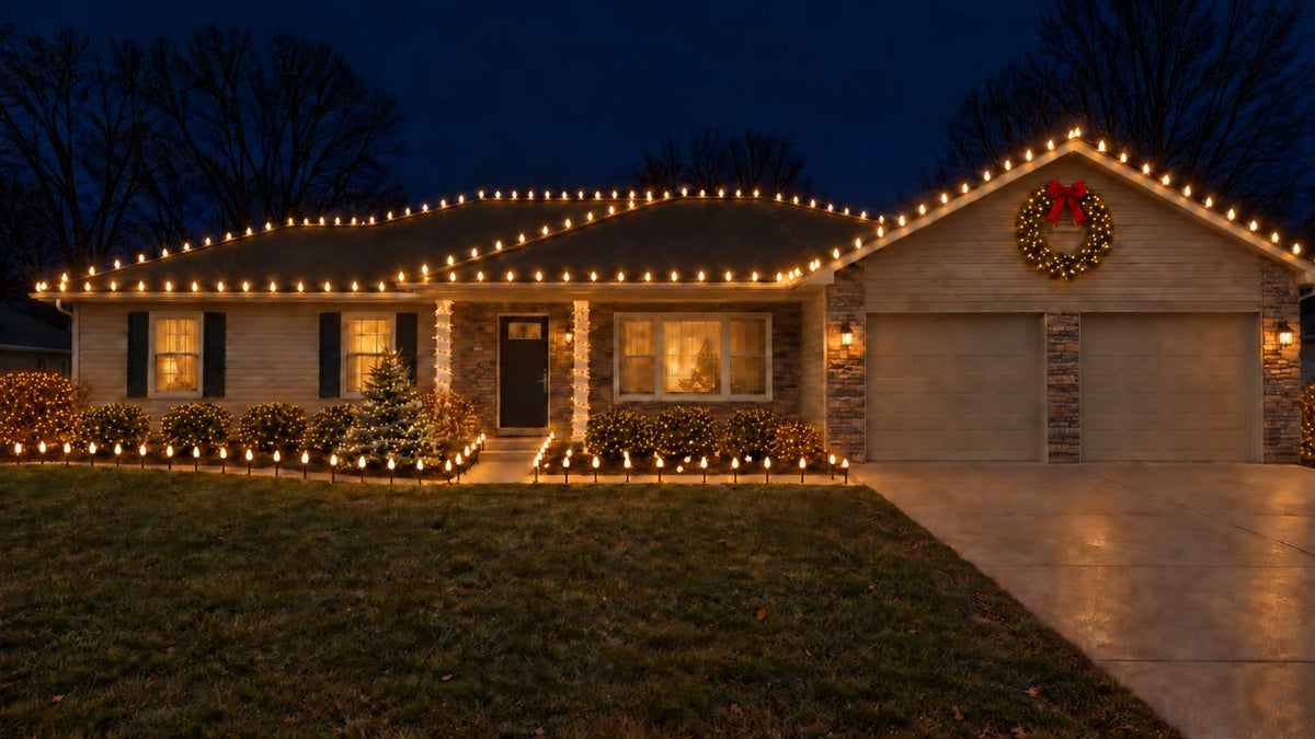 Ranch house lit as a Christmas mockup: C9 roofline, ridge and hips, red-bow wreath in the garage gable, wrapped columns, lit bushes, walkway stakes