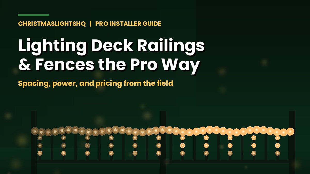 Deck railing wrapped with warm Christmas mini lights at dusk - ChristmasLightsHQ pro installer guide
