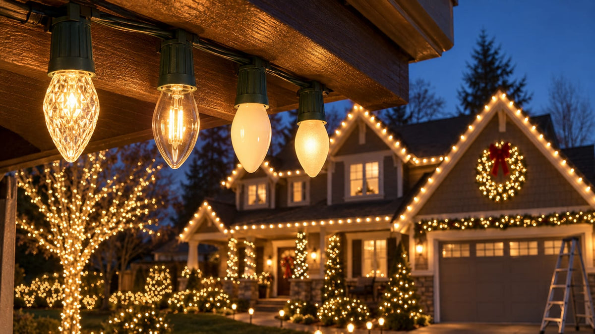 Four lit C9 Christmas bulbs with different finishes sitting in a socket wire strip on a contractor's workbench.