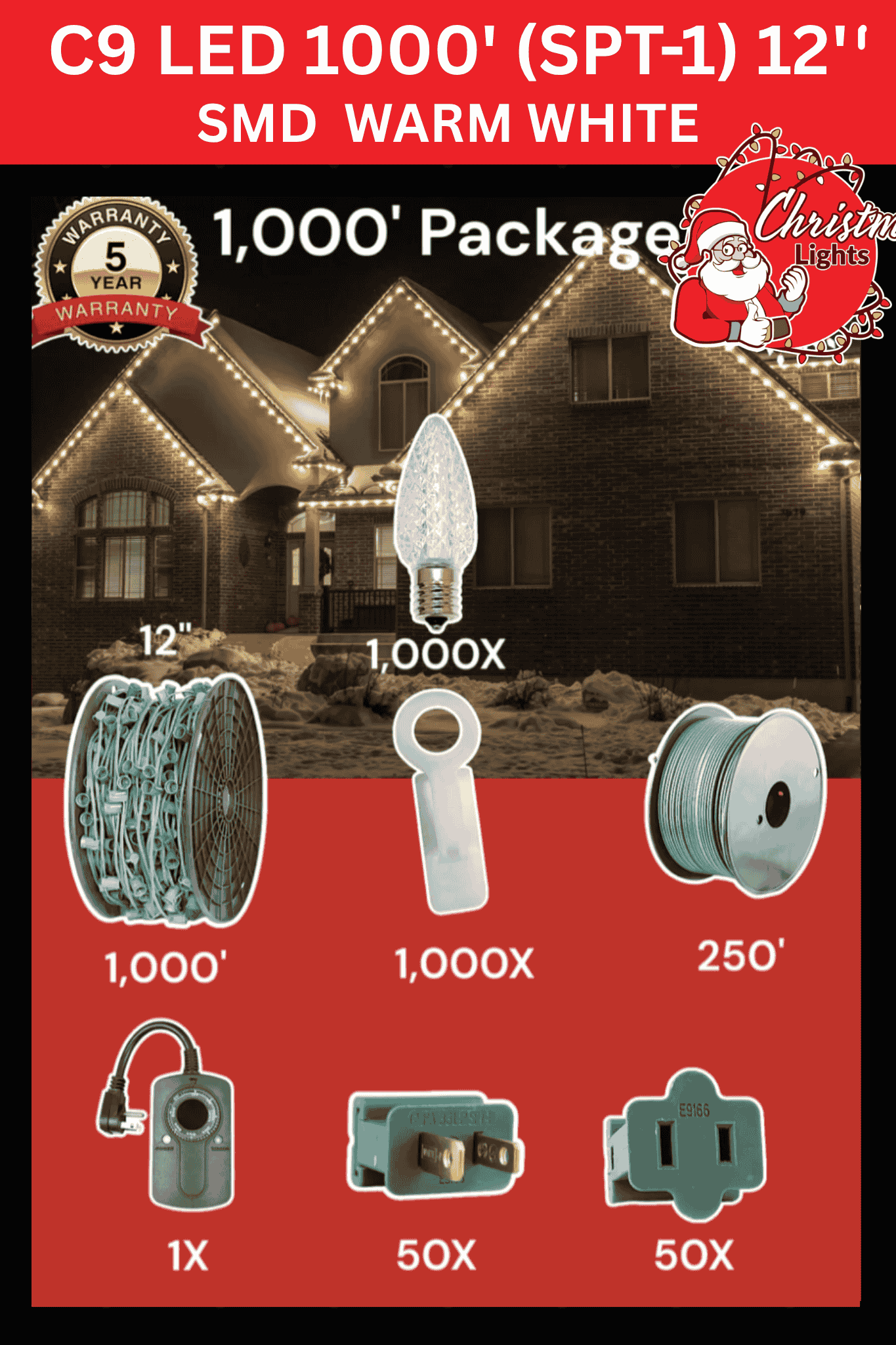 C9 LED 1000 foot professional Christmas light installation package