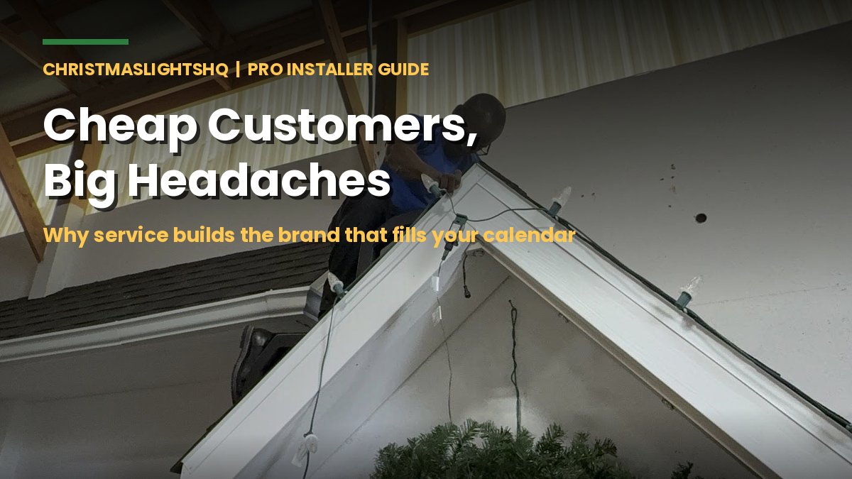 Installer lighting a roof peak: why cheap Christmas light customers cost you the most
