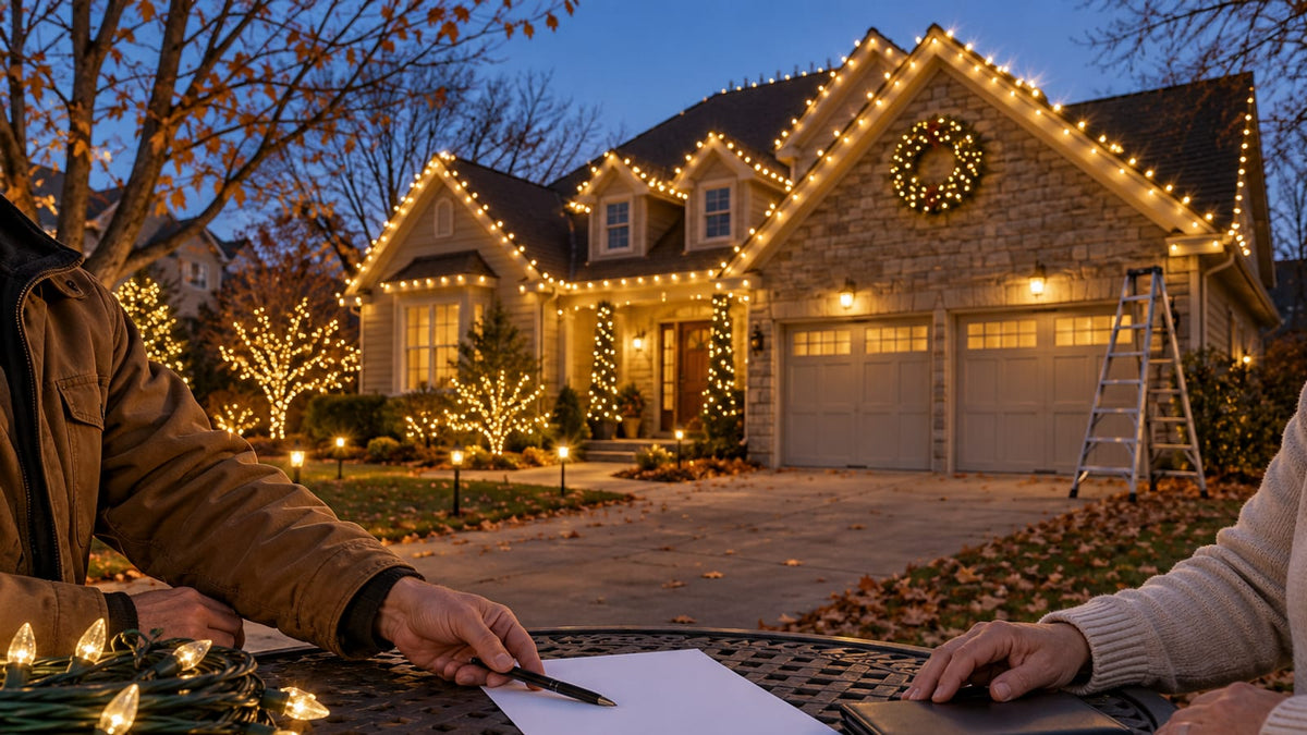Christmas light installer and homeowner at a kitchen table with a signed agreement, checkbook, and a spool of C9 light line.