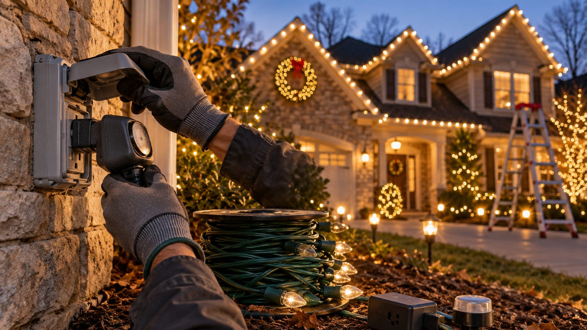 Contractor plugging an outdoor timer into an exterior outlet at dusk, with spare timers and a wire spool nearby and roofline lights glowing.