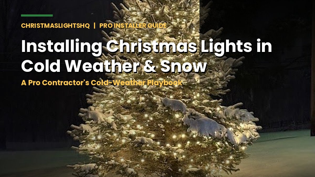Installing Christmas lights in cold weather and snow - a pro contractor's guide, snowy lit evergreen tree