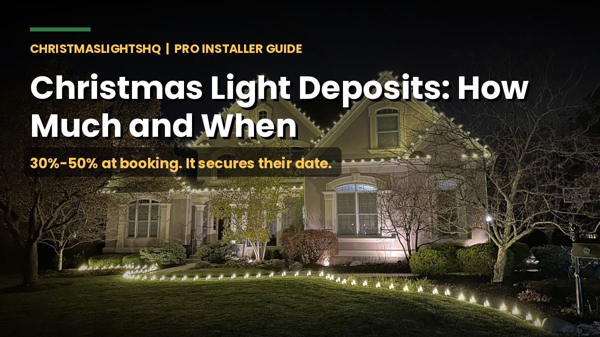 Christmas light deposits guide hero: professionally installed warm white C9 roofline and pathway lights on a home at night