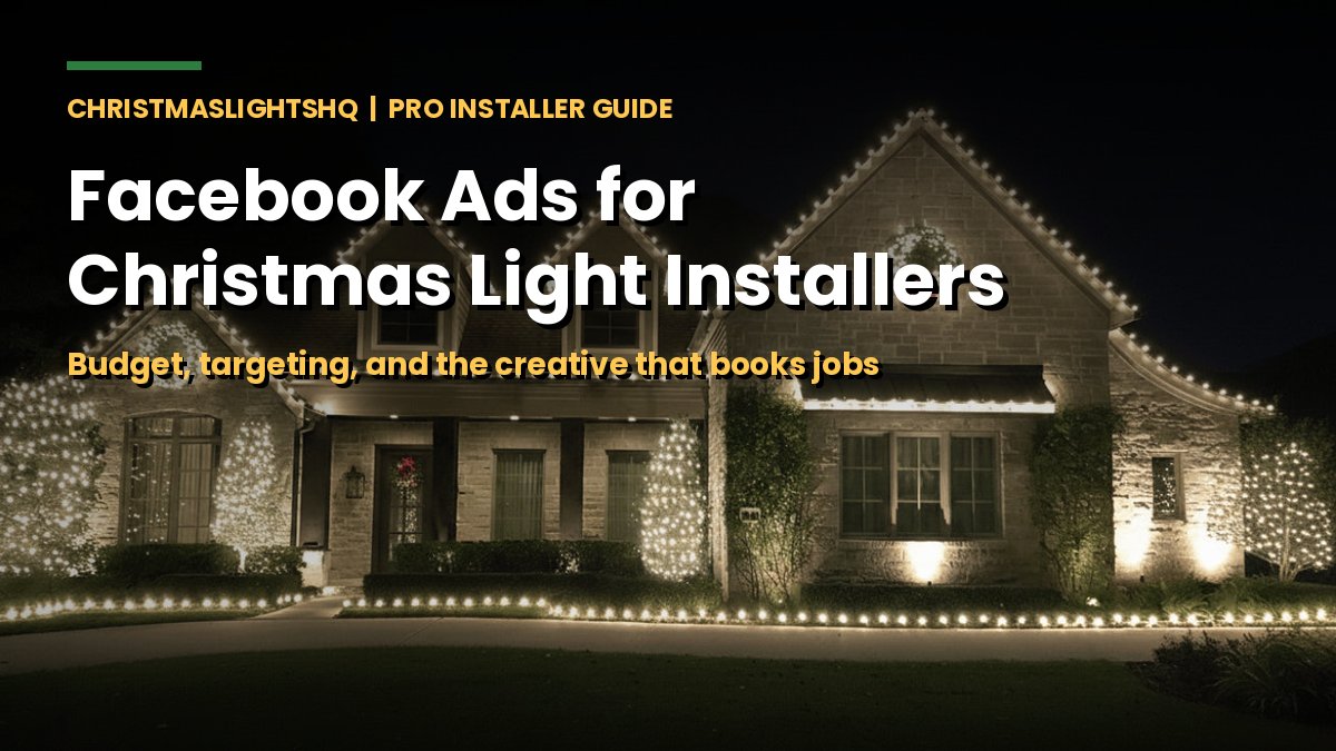 Facebook ads for Christmas light installers - a finished professional Christmas light installation lit at night