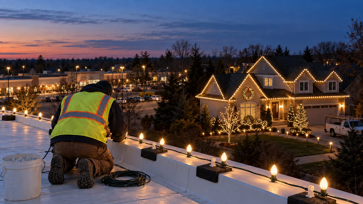 Installer kneeling on a flat commercial roof at dusk, securing a line of C9 Christmas bulbs along the parapet with weighted pads and clips, no drilling.