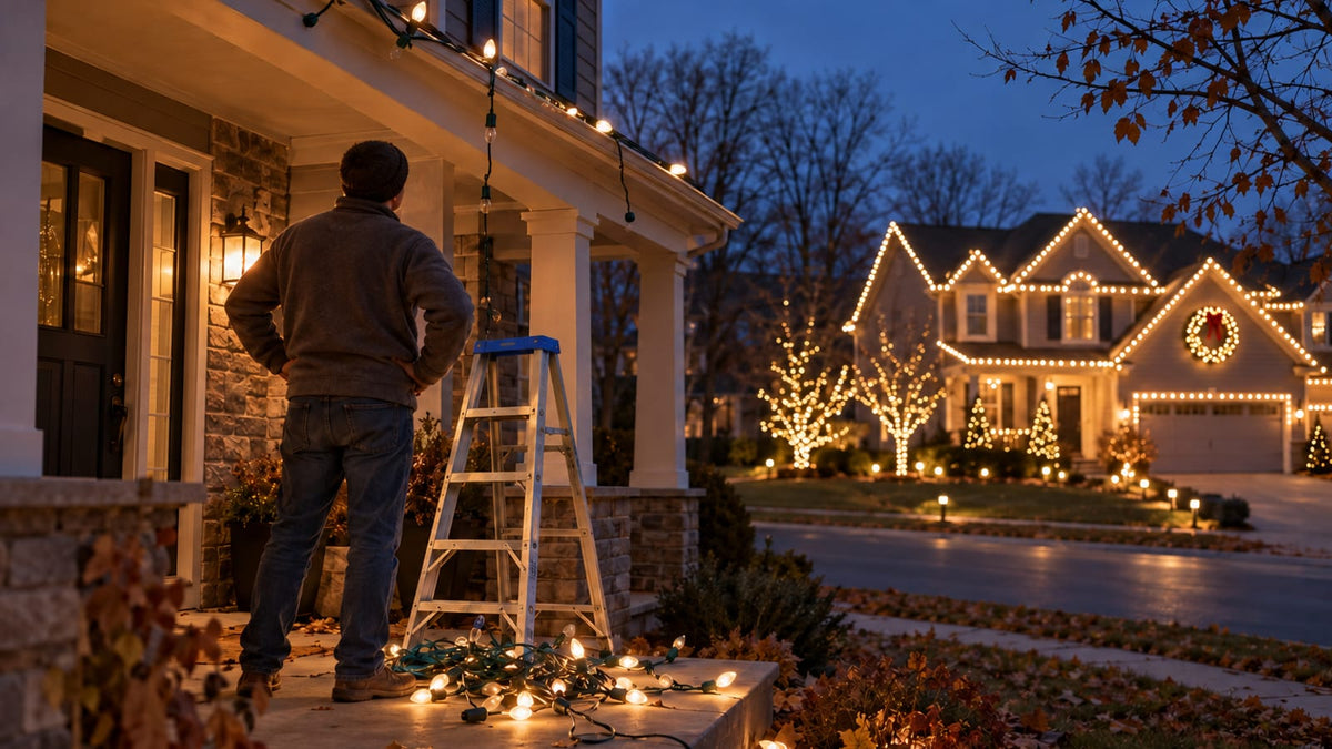 Homeowner on a porch at dusk with a box of tangled store-bought string lights and a stepladder, looking up at a roofline with a few sagging bulbs.