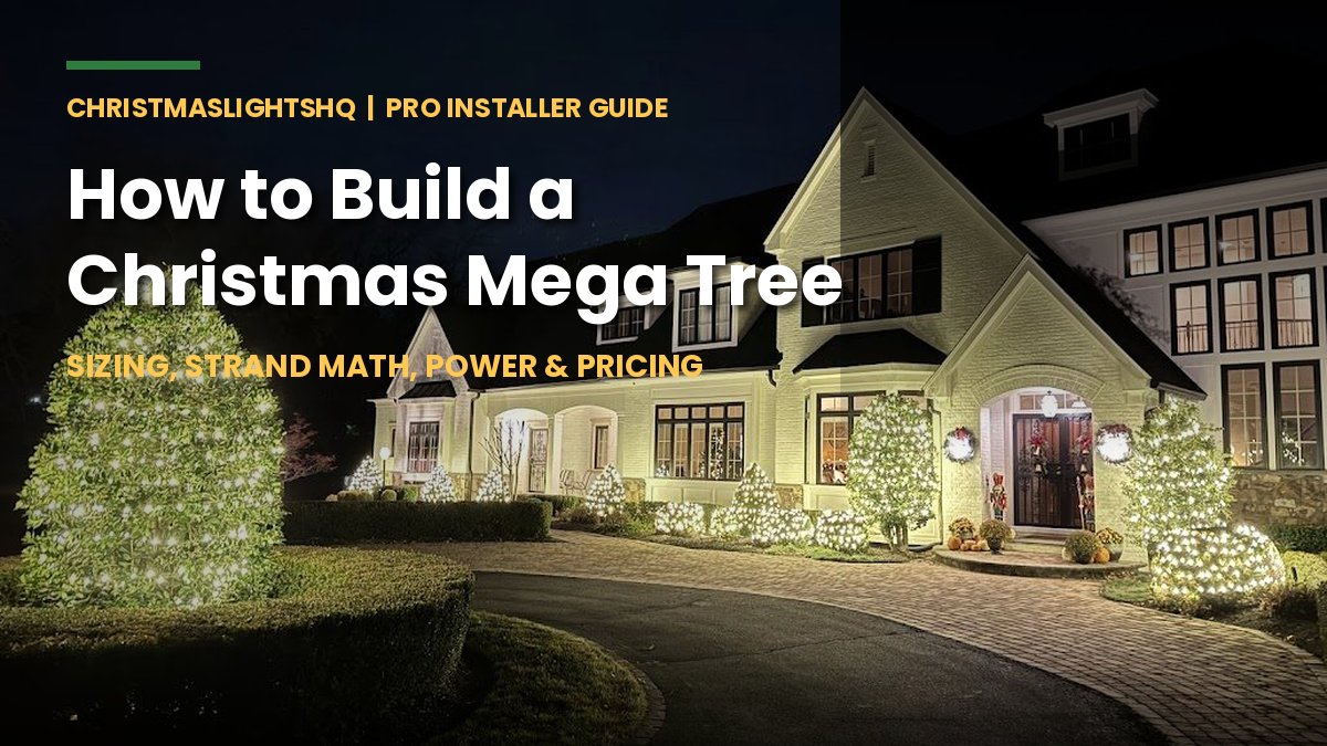 Large lit evergreen Christmas tree at a home entrance at night with warm white lights