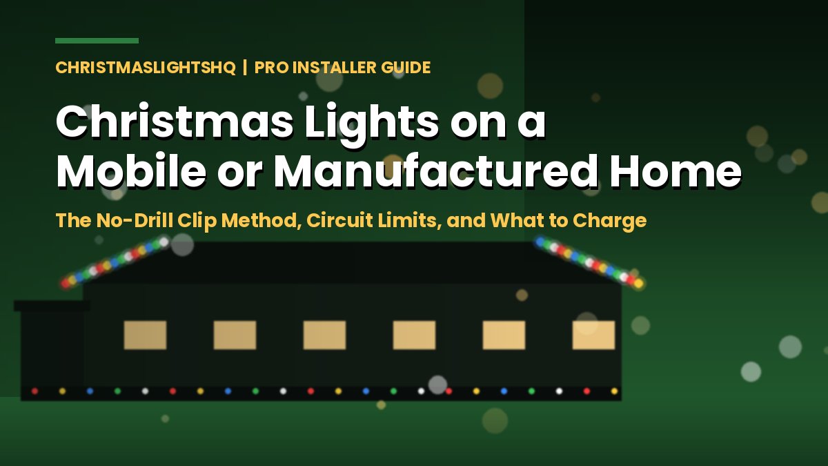 Christmas lights on a mobile or manufactured home roofline at night