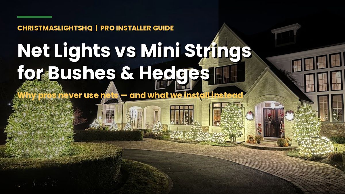 Net lights vs mini string lights for bushes and hedges — pro installer guide with lit bushes across a home's front bed