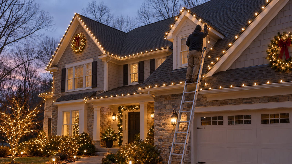 Contractor on an extension ladder attaching a no-drill clip and C9 light string along a dormer edge on a steep shingled roof.