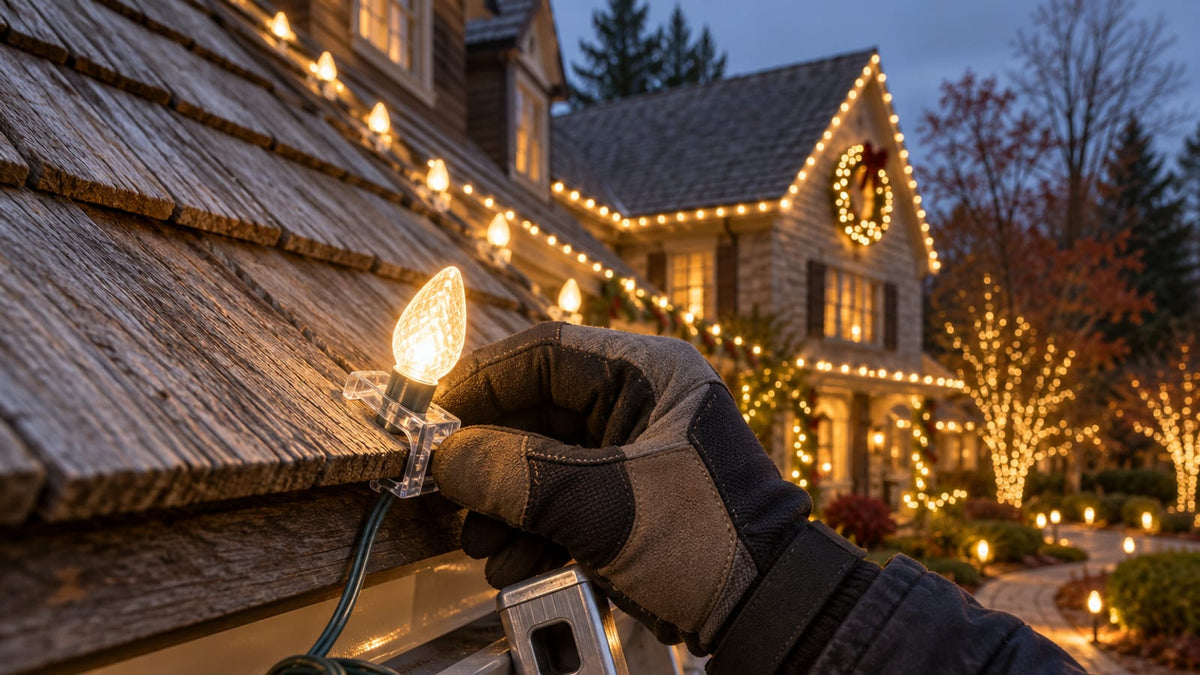 Gloved hand pressing a clear no-drill clip with a C9 bulb onto the edge of a weathered cedar shake roof, with a ladder rail at the eave.
