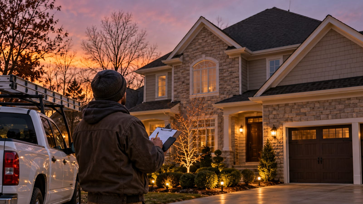 Contractor in a driveway at dusk holding a phone away from his ear and writing on a clipboard while studying a two-story house roofline.