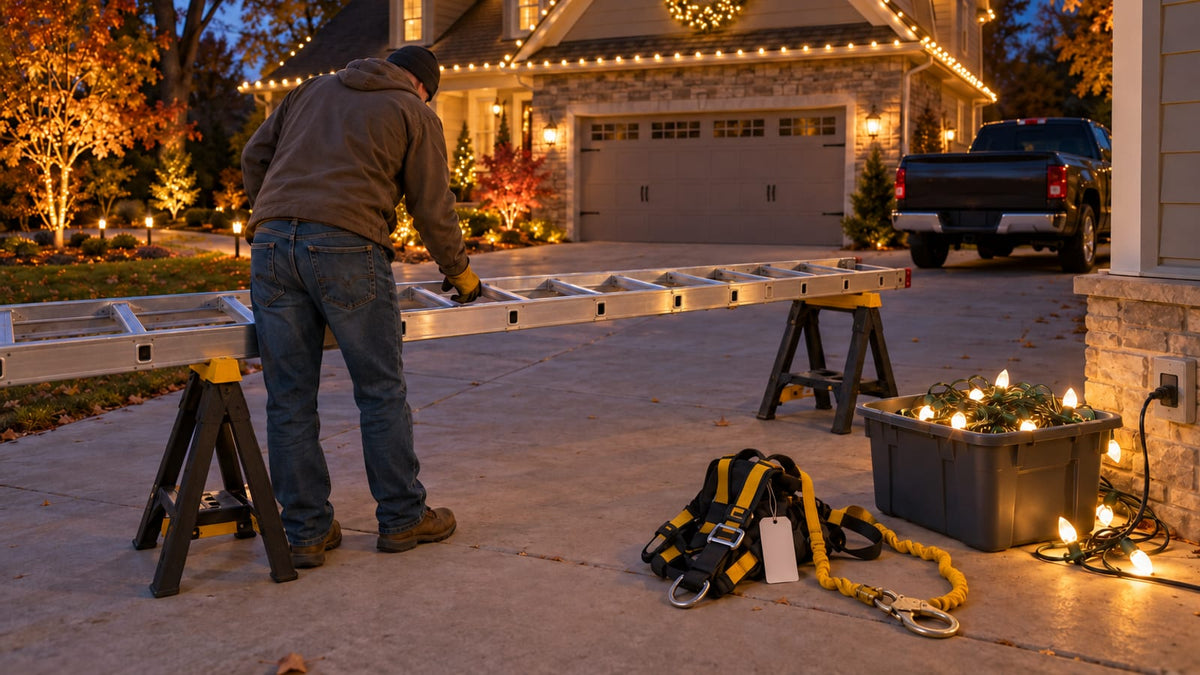 Contractor in a garage shop inspects an extension ladder rung beside a safety harness and a lit strand of C9 Christmas lights on a workbench.