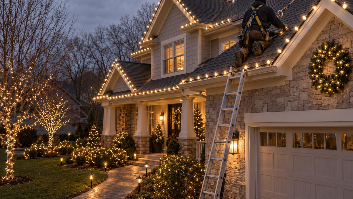 Contractor in a safety harness tethered to a roof anchor installs Christmas lights along the eave of a steep shingle roof beside an aluminum ladder.