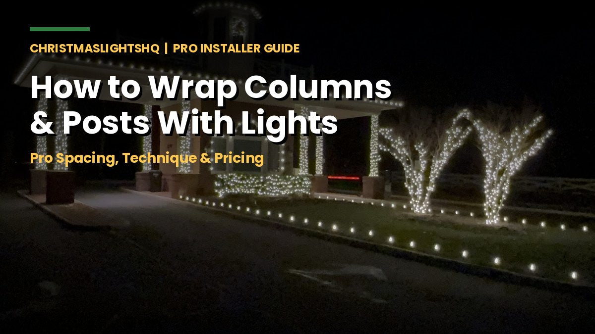 How to wrap columns and posts with Christmas lights - wrapped columns on a lit pavilion at night