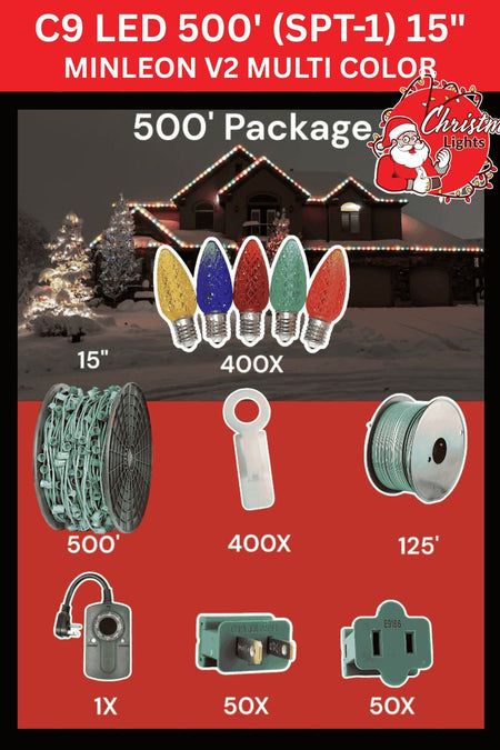 C9 Starter Pack — 500ft — Minleon V2 Multi-Color 15" spacing LED Christmas lights retail package