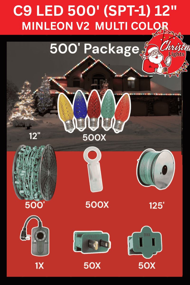 C9 Starter Pack — 500ft — Minleon V2 Multi-Color 12" spacing LED Christmas lights retail package