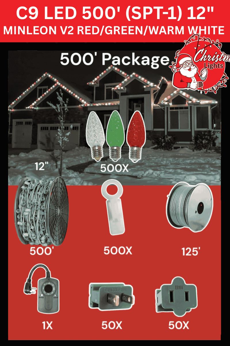 C9 Starter Pack — 500ft — Minleon V2 Red/Green/Warm White 12" spacing LED Christmas lights retail package