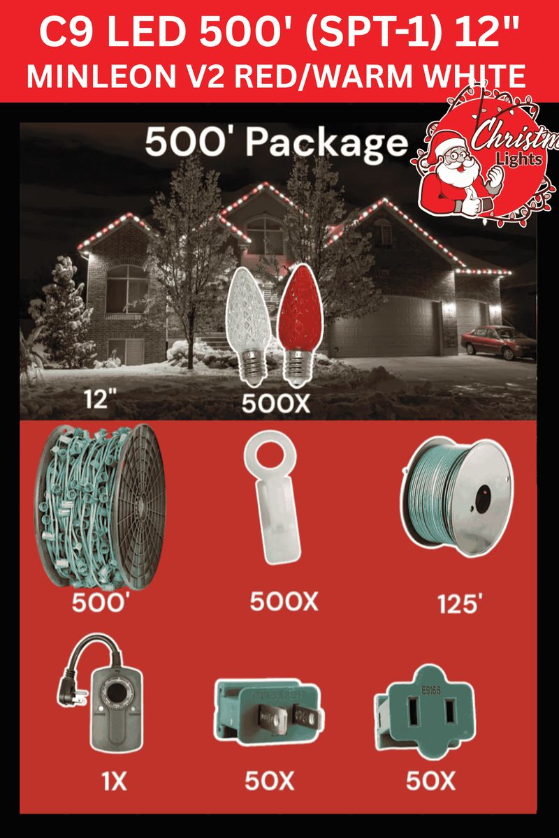C9 Starter Pack — 500ft — Minleon V2 Red/Warm White 12" spacing LED Christmas lights retail package