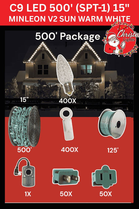 C9 Starter Pack — 500ft — Minleon V2 Sun Warm White 15" spacing LED Christmas lights retail package