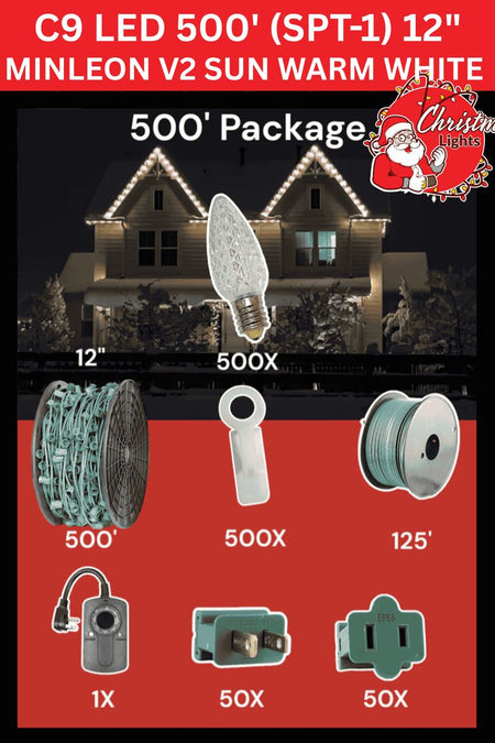 C9 Starter Pack — 500ft — Minleon V2 Sun Warm White 12" spacing LED Christmas lights retail package