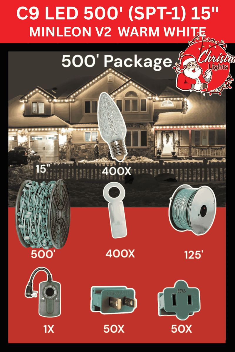 C9 Starter Pack — 500ft — Minleon V2 Warm White 15" spacing LED Christmas lights retail package