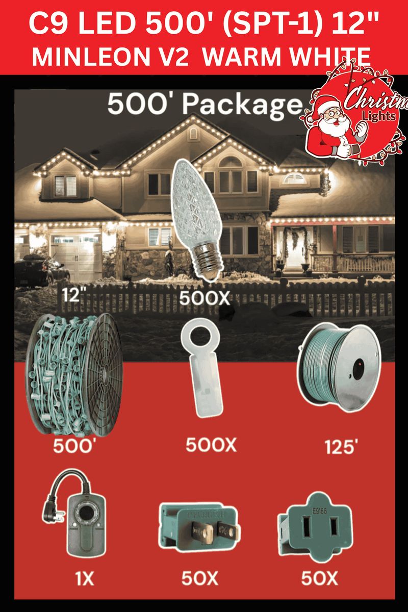 C9 Starter Pack — 500ft — Minleon V2 Warm White 12" spacing LED Christmas lights retail package
