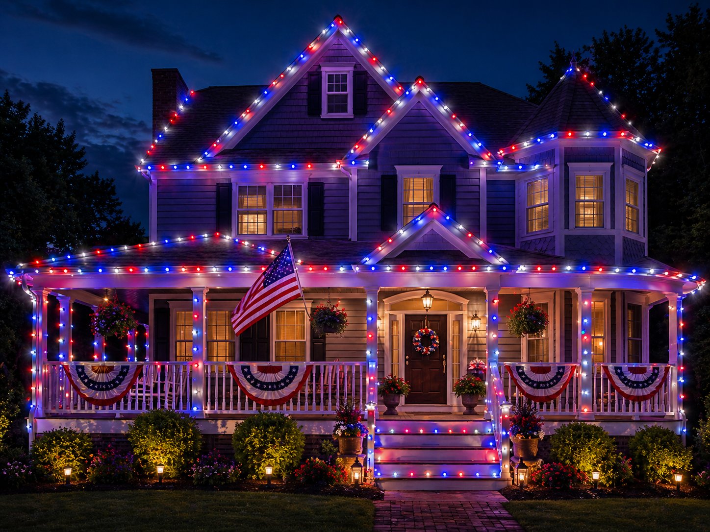 Two-story home with red white and blue C9 LED patriotic Christmas lights and American flag by Christmas Lights HQ